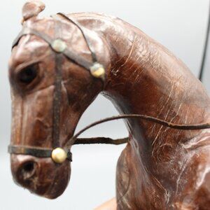 Rustic Leather Wrapped Horse Figurine Statue Equestrian 10.5x13" Glass Eye
